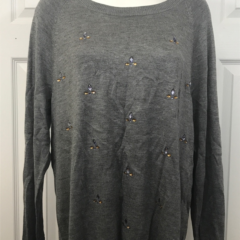 Liz Claiborne Knit Sweater Gray Beaded